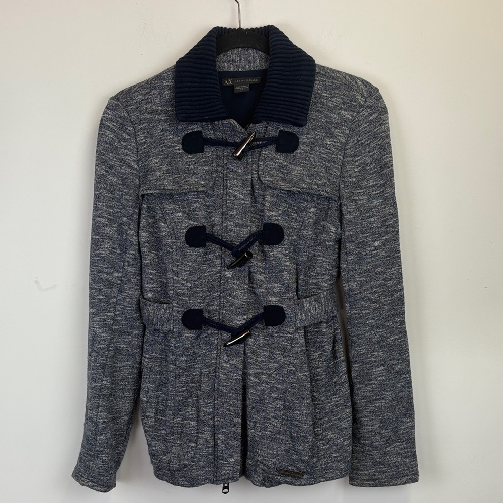 Armani Exchange Heather Navy Toggle Closure Coat with Hidden Zipper Size Small